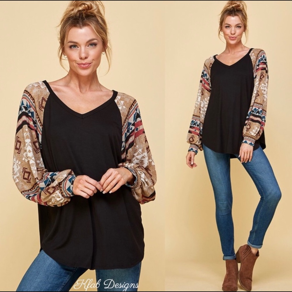 New! Sale 🔥Tribal Aztec V Neck Puff Long Sleeve Super Soft Top - Picture 3 of 8
